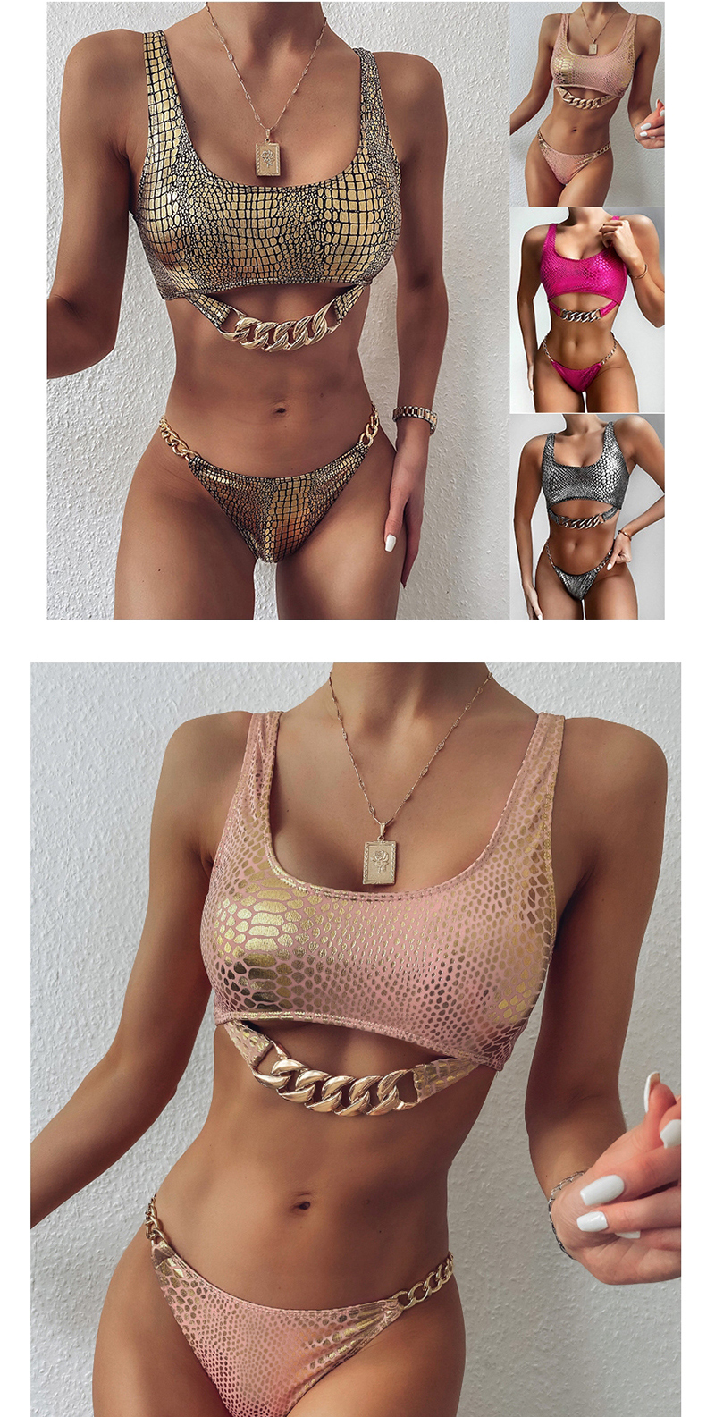 Fashion Silver Bronze Fabric Hollow Stitching Chain Split Swimsuit,Bikini Sets