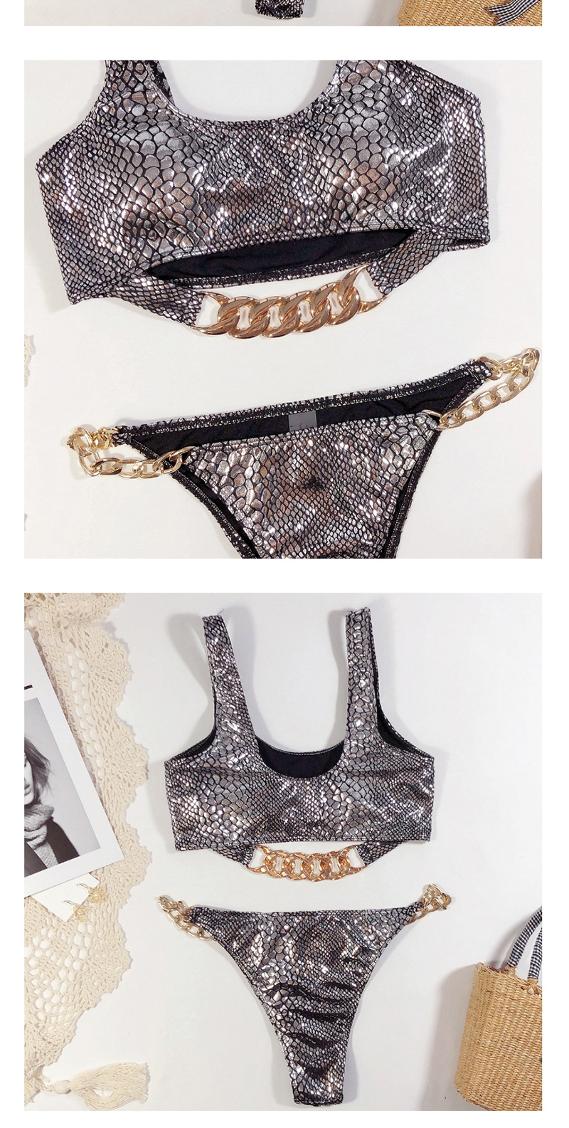 Fashion Silver Bronze Fabric Hollow Stitching Chain Split Swimsuit,Bikini Sets