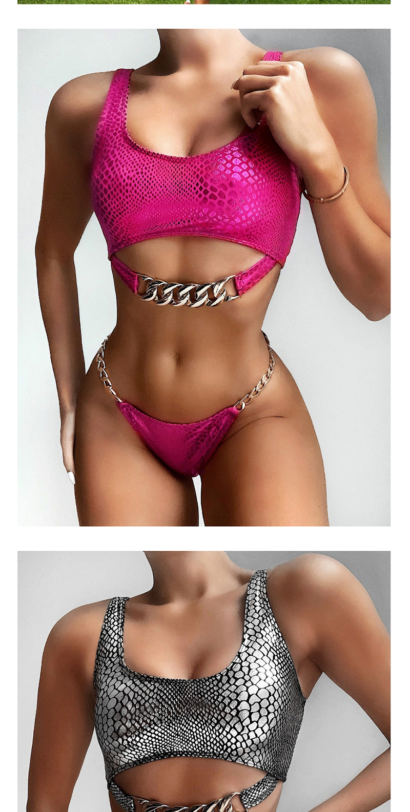 Fashion Pink Bronze Fabric Hollow Stitching Chain Split Swimsuit,Bikini Sets