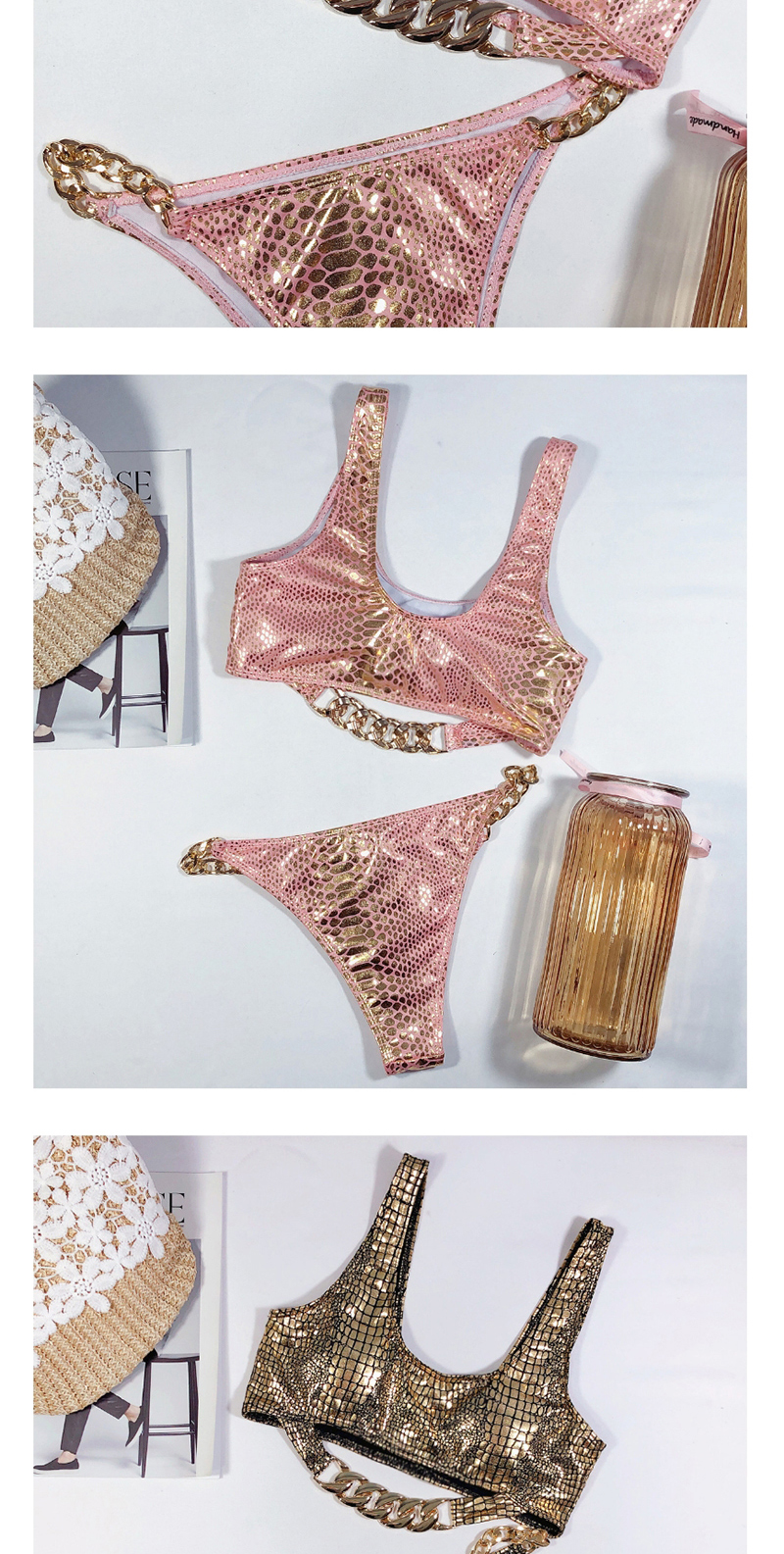 Fashion Rose Red Bronze Fabric Hollow Stitching Chain Split Swimsuit,Bikini Sets