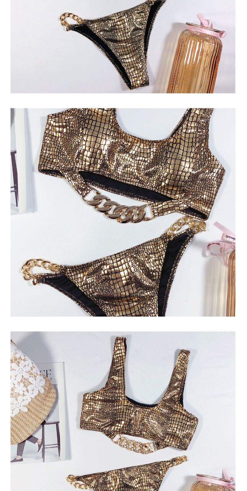 Fashion Pink Bronze Fabric Hollow Stitching Chain Split Swimsuit,Bikini Sets
