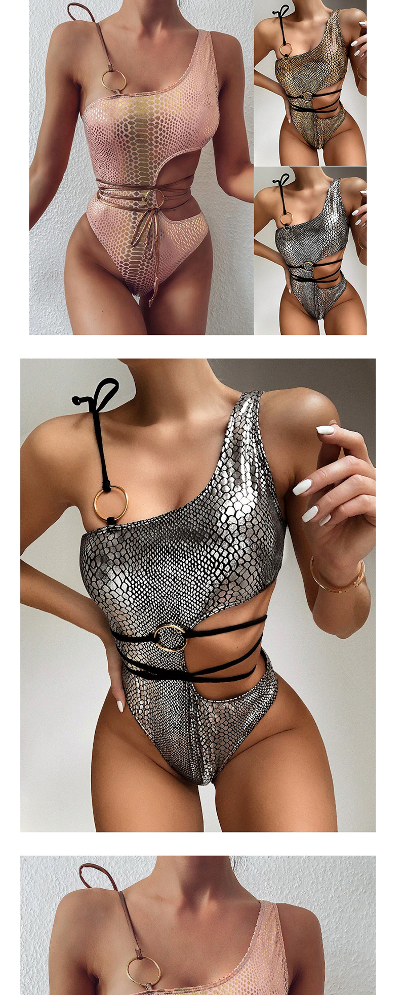 Fashion Silver Hollow One-shoulder Snake Print Printed One-piece Swimsuit,One Pieces