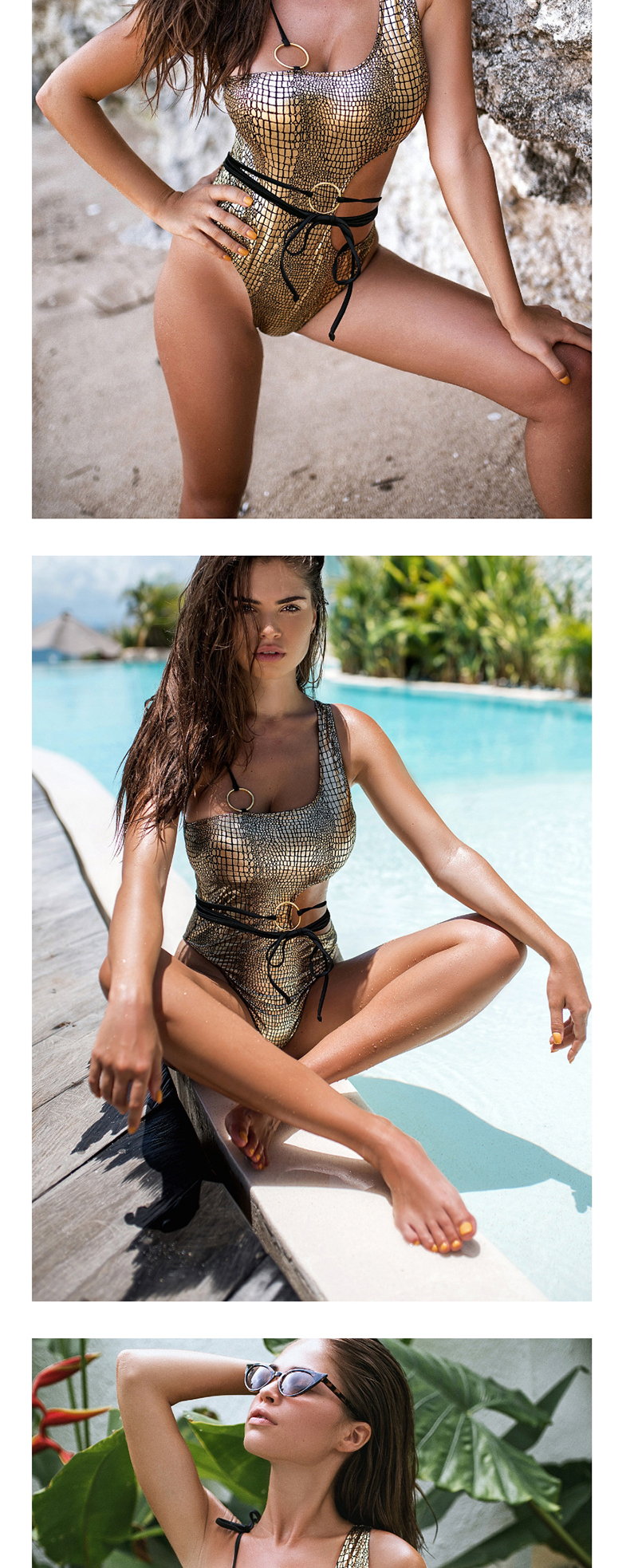 Fashion Golden Hollow One-shoulder Snake Print Printed One-piece Swimsuit,One Pieces