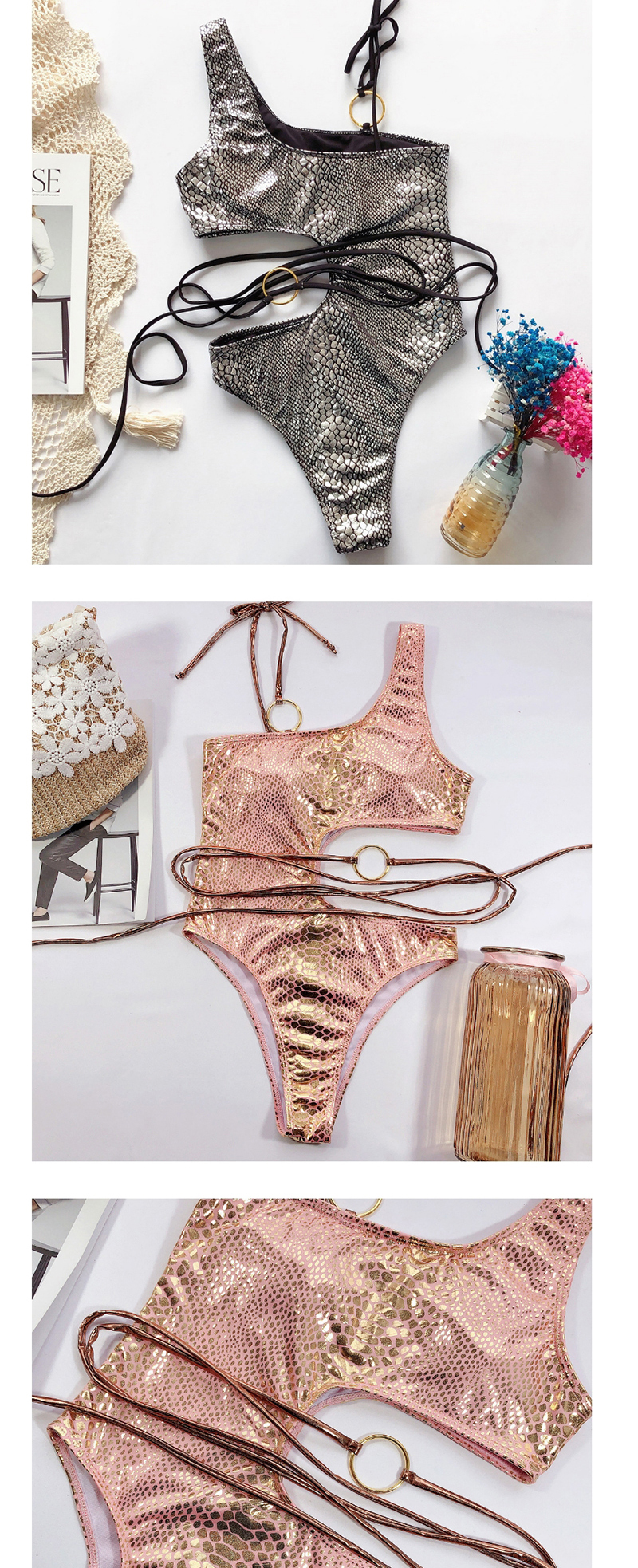 Fashion Golden Hollow One-shoulder Snake Print Printed One-piece Swimsuit,One Pieces
