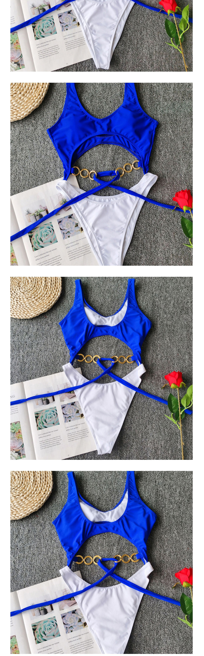 Fashion Blue Metallic Ring Bow Stitching One-piece Swimsuit,One Pieces