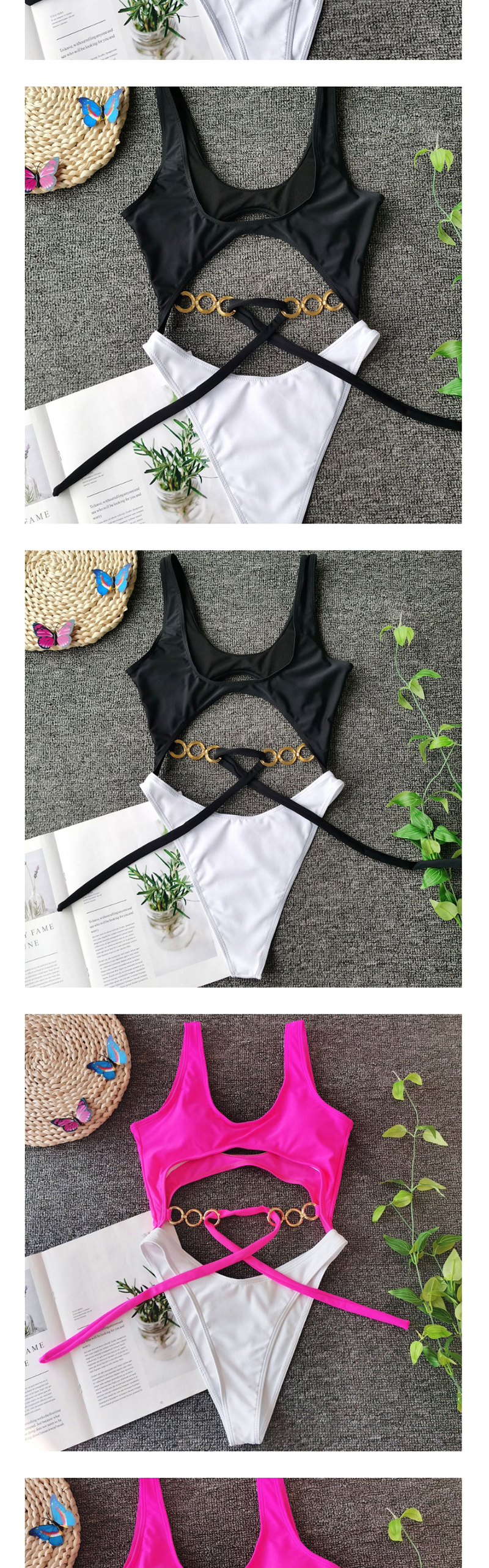 Fashion Black Metallic Ring Bow Stitching One-piece Swimsuit,One Pieces
