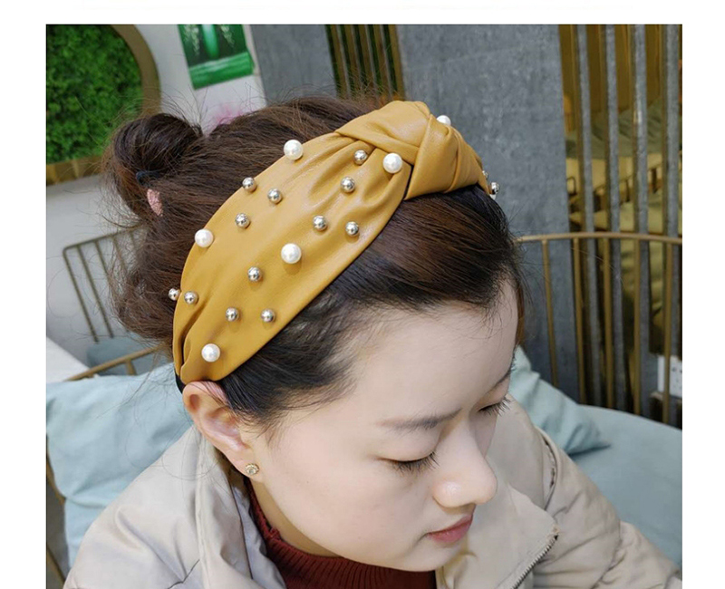 Fashion Coffee Leather Stud Pearl Wide Brim Knot Headband,Head Band