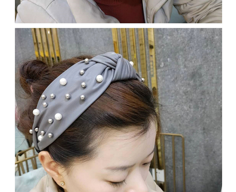 Fashion Khaki Pu Leather Stud Pearl Wide-brimmed Hair Band,Head Band