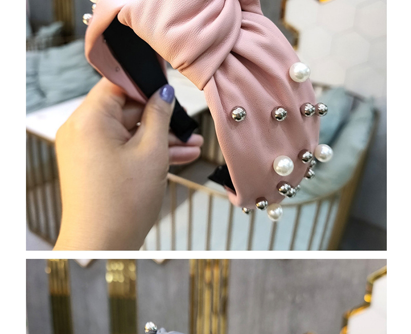 Fashion Pink Pu Leather Stud Pearl Wide-brimmed Hair Band,Head Band