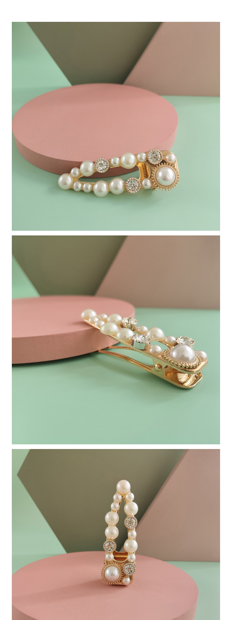 Fashion Duckbill White Alloy Geometric Pearl Hairpin With Diamonds,Hairpins