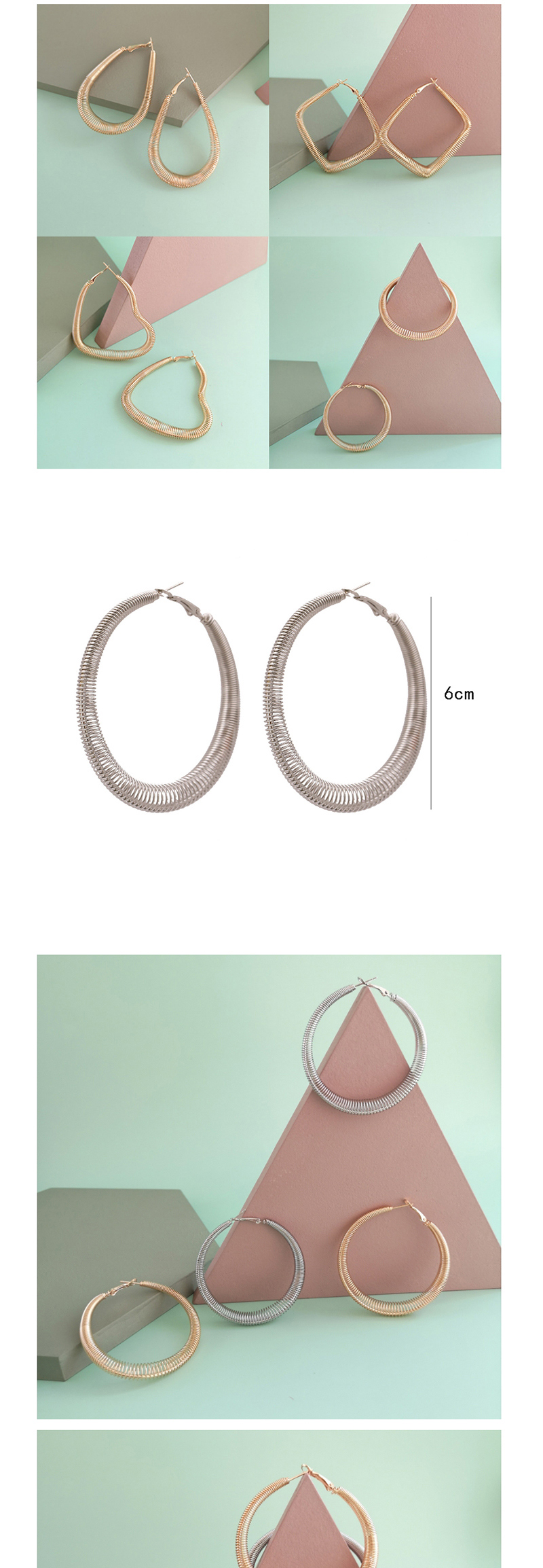 Fashion Heart + Silver Alloy Geometric Spring Studs,Hoop Earrings