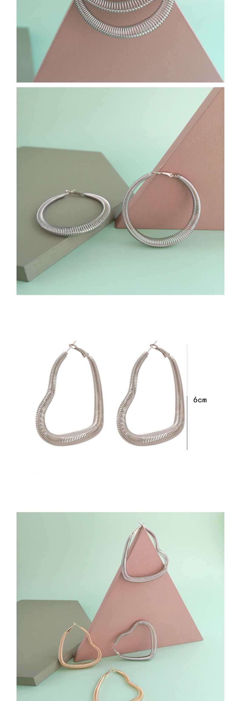Fashion Heart + Silver Alloy Geometric Spring Studs,Hoop Earrings