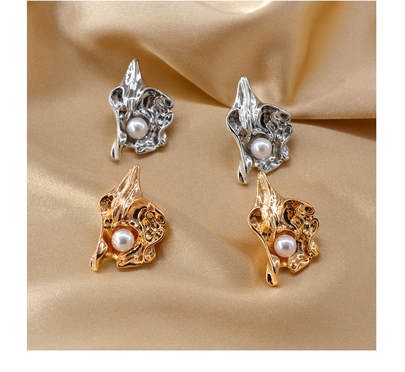 Fashion Golden Metal Inlaid Pearl Fold Flower Stud Earrings,Stud Earrings