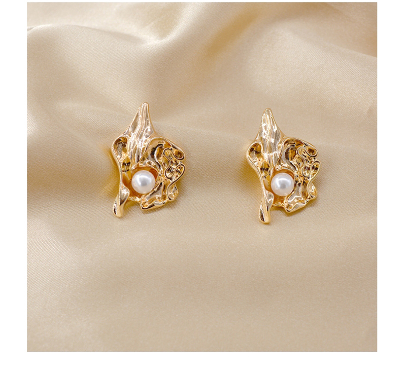 Fashion Silver Metal Inlaid Pearl Fold Flower Stud Earrings,Stud Earrings