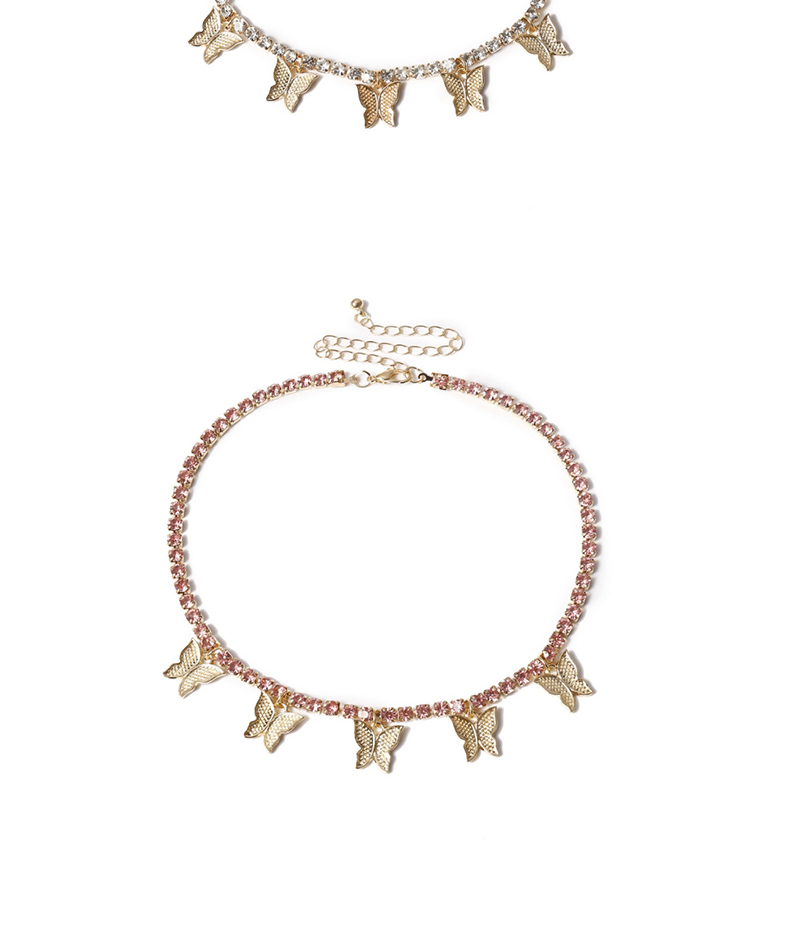 Fashion Pink Geometric Single Layer Three-dimensional Zircon Small Butterfly Tassel Necklace,Pendants