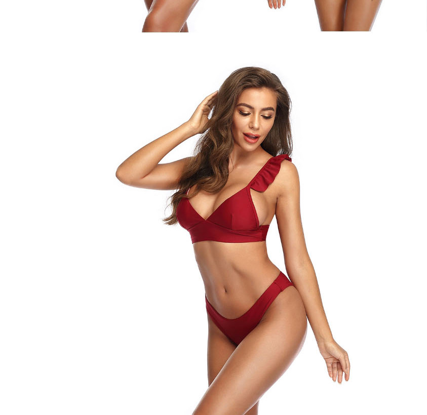 Fashion Red Ruffled Solid Color Low Waist Split Swimsuit,Bikini Sets