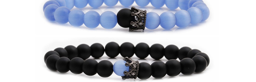 Fashion Blue Cat Eye Suit (8mm) Matt Black Stone Crown Blue Cat Eye Beaded Elastic Bracelet,Bracelets Set