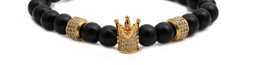 Fashion Golden (8mm) Matt Black Stone Crown Copper Cylindrical Diamond Beaded Elastic Bracelet,Fashion Bracelets
