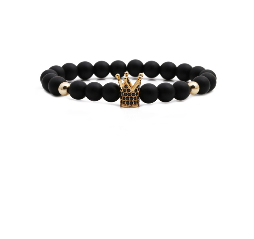 Fashion Grab The Black (8mm) Matte Black Stone Diamond Crown Beaded Gold Bead Stretch Bracelet,Fashion Bracelets