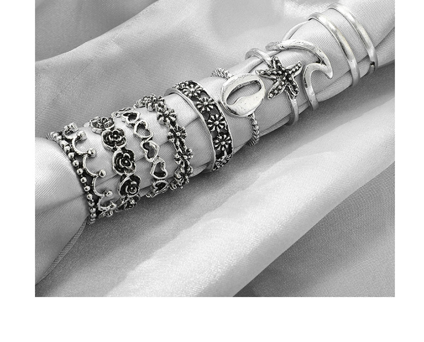Fashion Silver Starfish Shell Love Moon Crown Ring Set,Rings Set