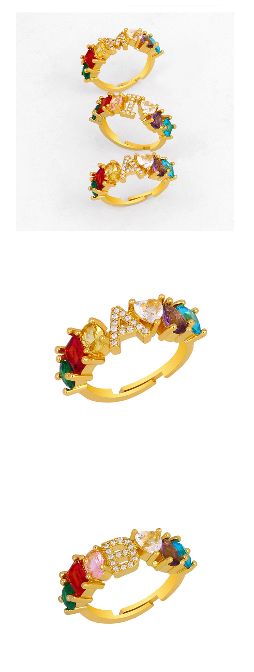 Fashion M Gold Heart-shaped Adjustable Ring With Colorful Diamond Letters,Rings