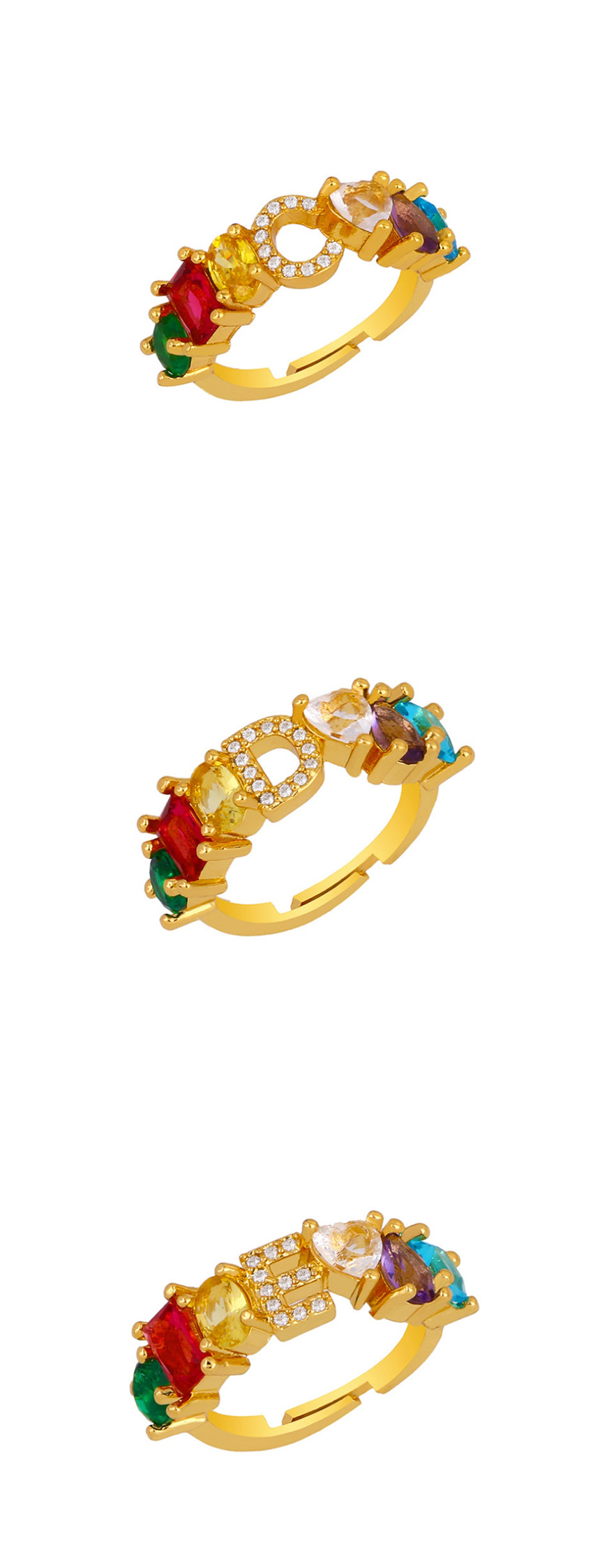 Fashion O Gold Heart-shaped Adjustable Ring With Colorful Diamond Letters,Rings