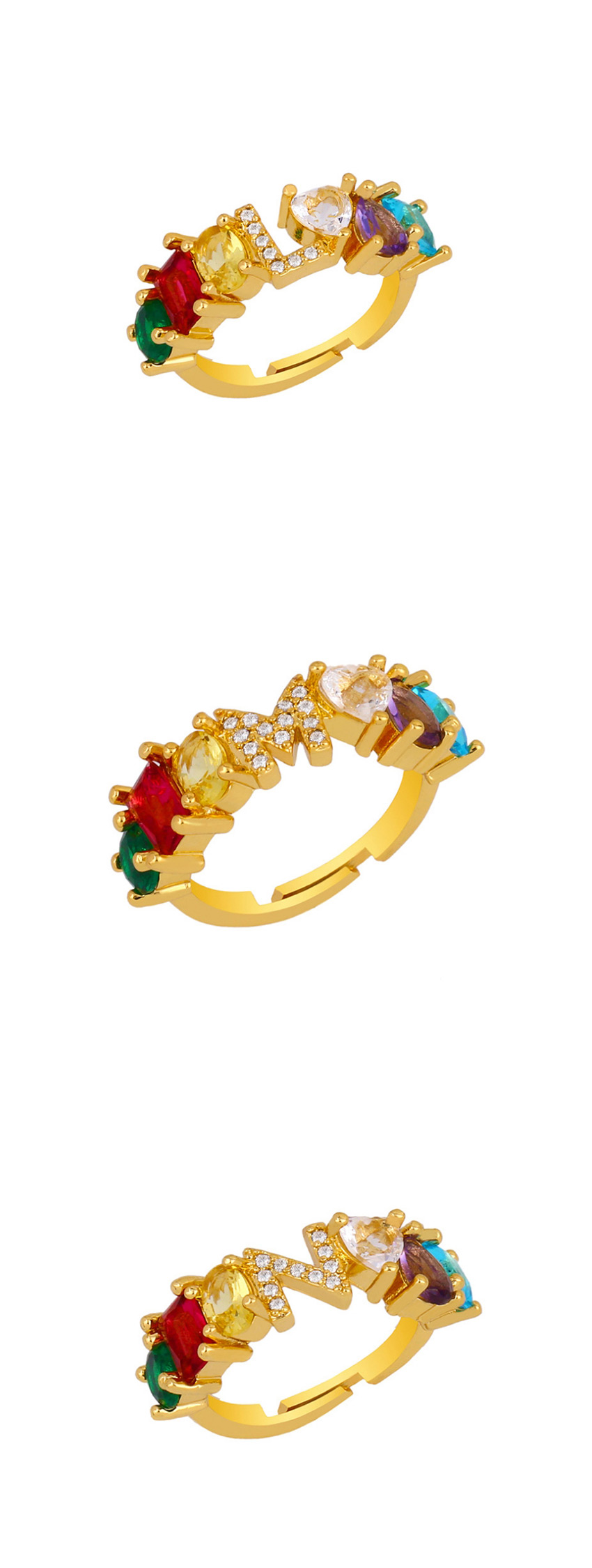 Fashion K Gold Heart-shaped Adjustable Ring With Colorful Diamond Letters,Rings