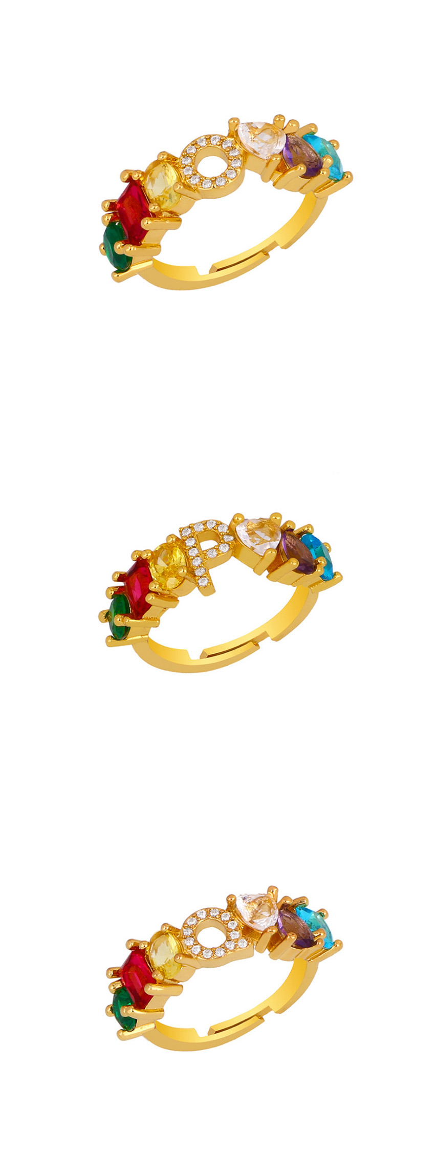 Fashion L Gold Heart-shaped Adjustable Ring With Colorful Diamond Letters,Rings
