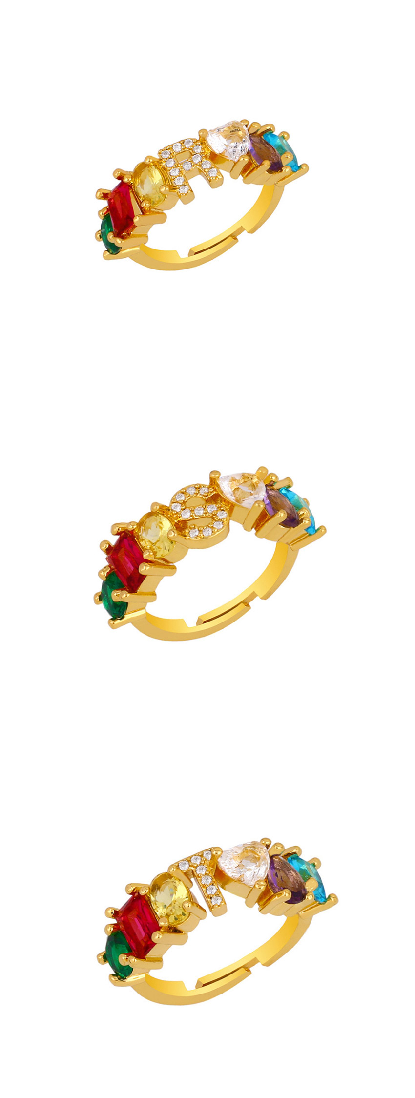 Fashion O Gold Heart-shaped Adjustable Ring With Colorful Diamond Letters,Rings