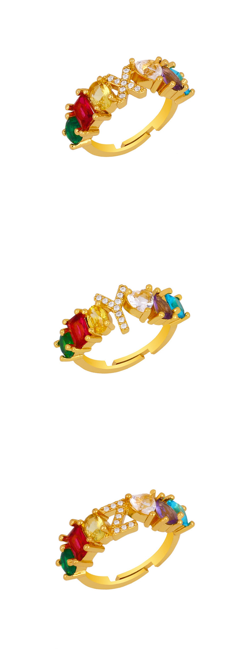 Fashion E Gold Heart-shaped Adjustable Ring With Colorful Diamond Letters,Rings