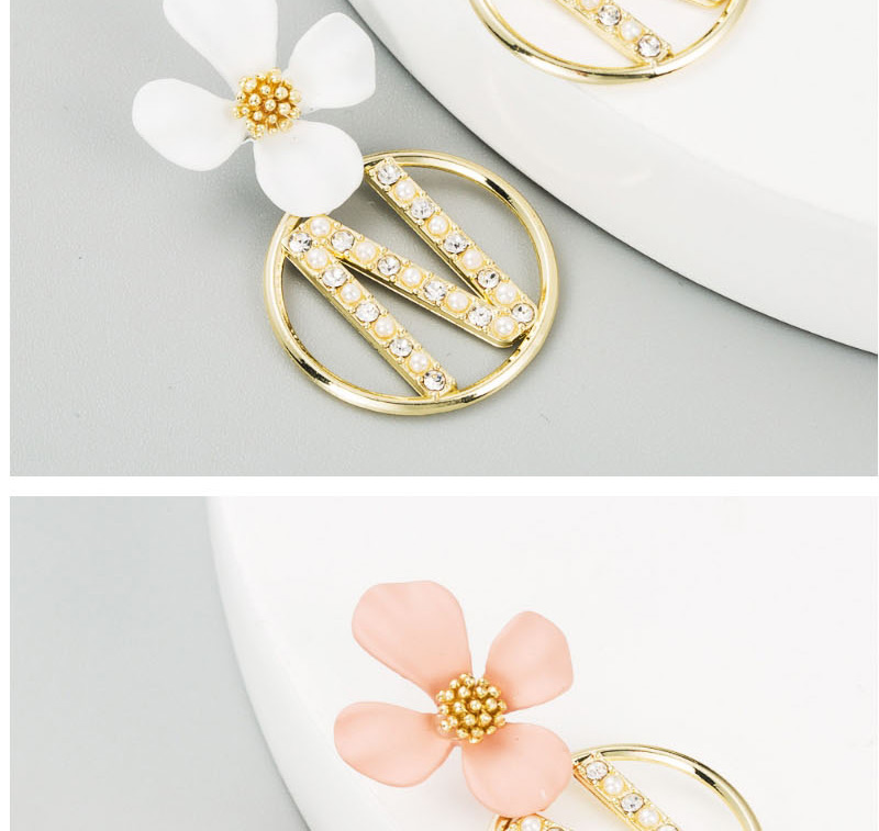 Fashion Pink  Silver Needle Alloy Pearl Diamond Flower Earring,Drop Earrings