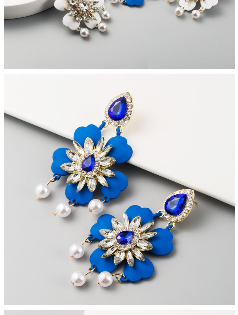 Fashion Blue Alloy Diamond Pearl Ice Flower Earrings,Drop Earrings