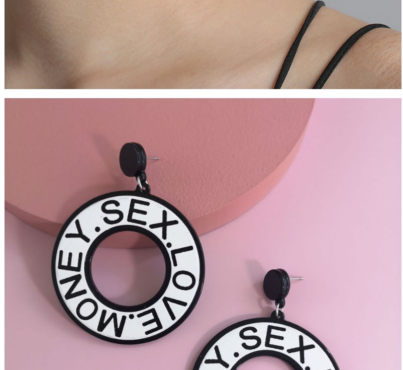 Fashion Black Geometric Circular English Letter Hollow Alloy Earrings,Drop Earrings