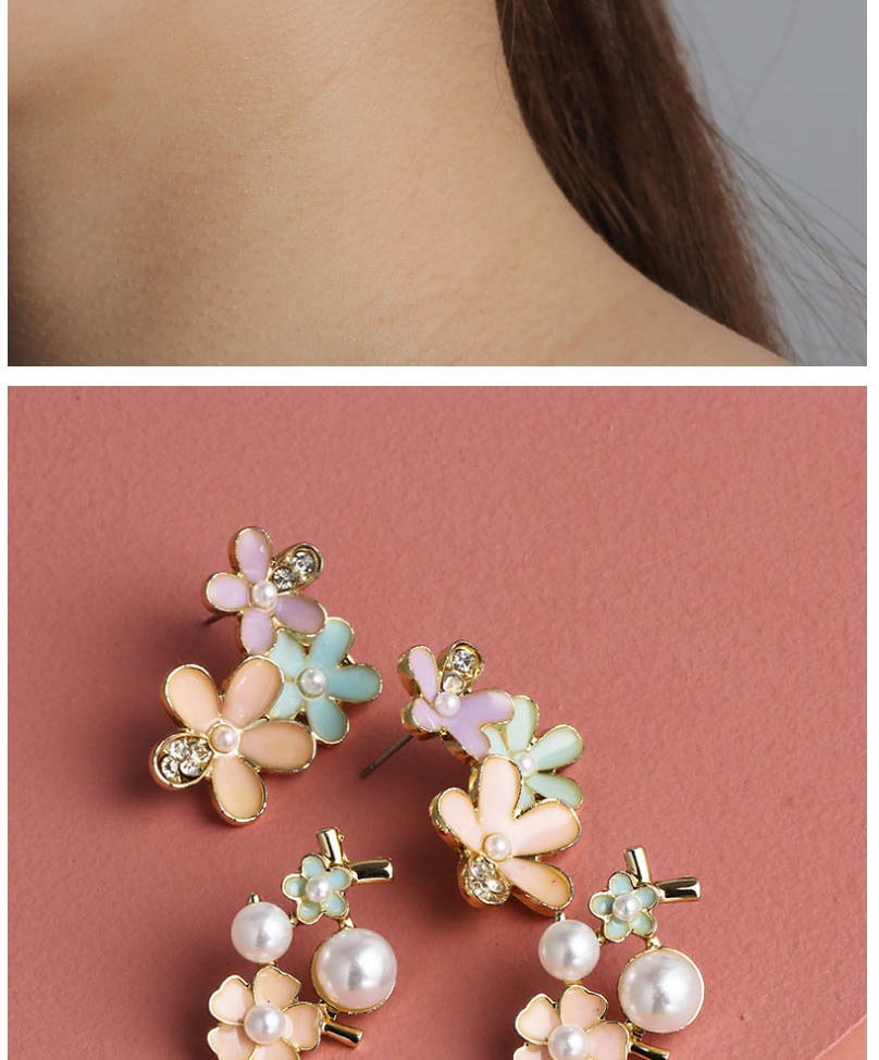 Fashion Mixed Color Pearl Flower Oil Dripping Alloy Earring,Stud Earrings