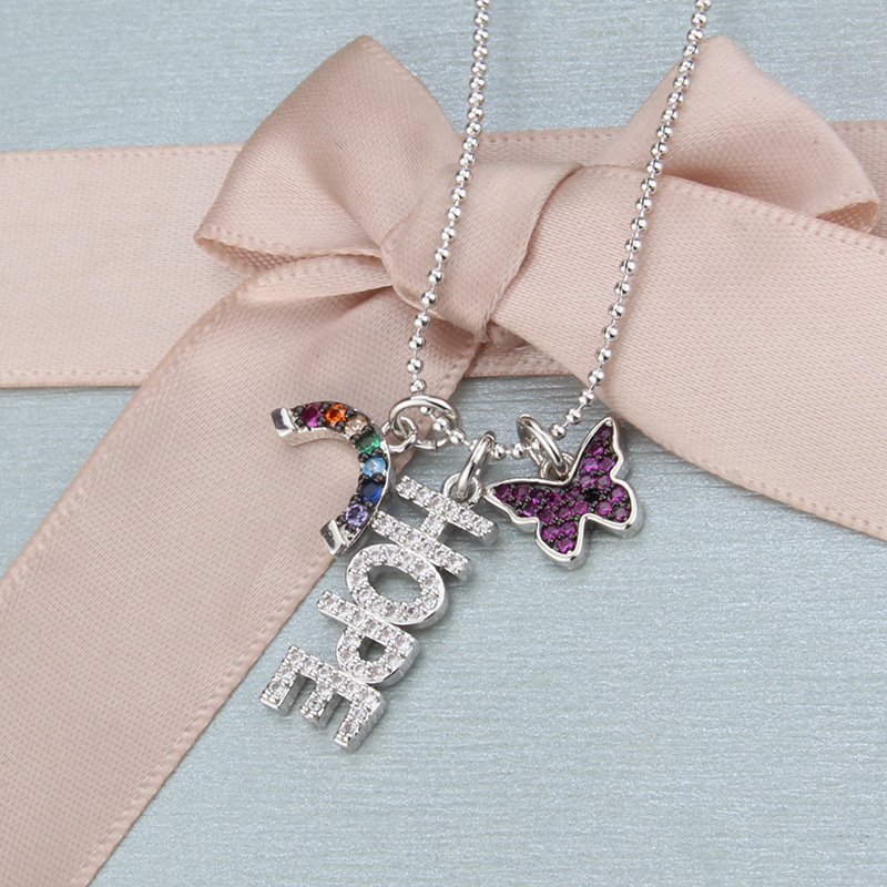 Fashion White Gold And White Zirconium Copper Plated Butterfly Hope Color Zircon Combined Necklace Necklace,Necklaces