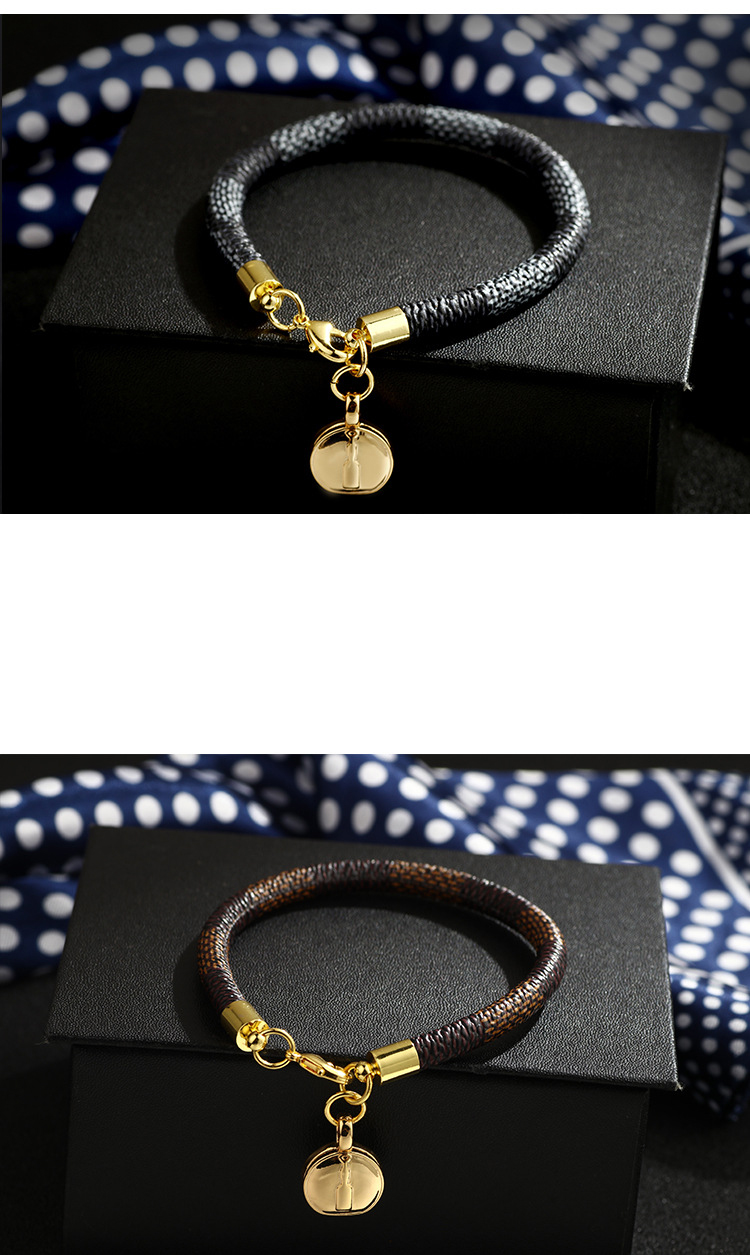 Fashion Brown Pu Striped Leather Brass Button Plated Solid Gold Bracelet,Fashion Bracelets