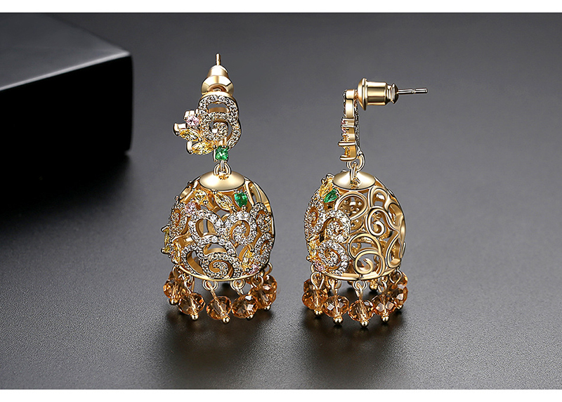 Fashion 18k Gold Copper Inlaid Zircons With Wind Bell And Tassel Earrings,Earrings