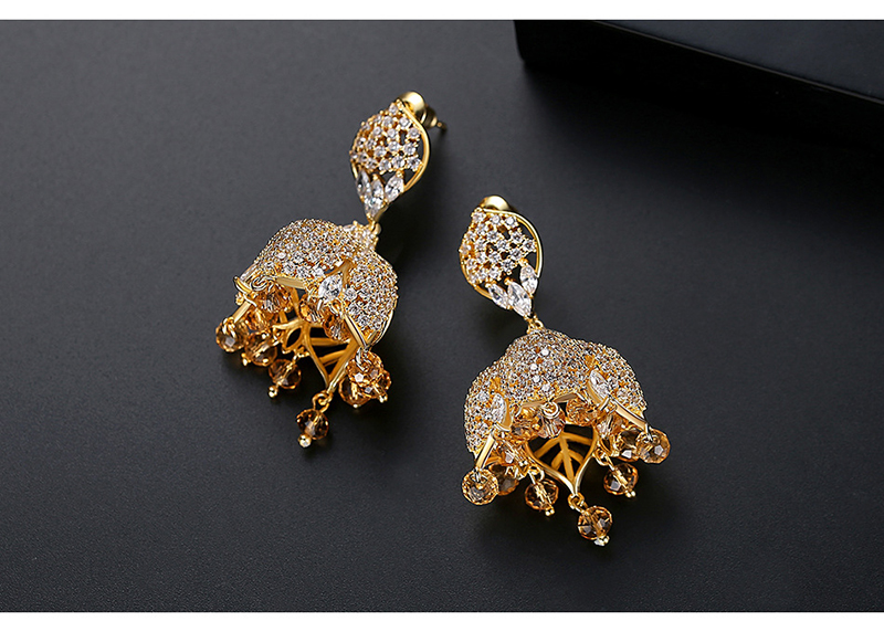 Fashion 18k Gold Copper Inlaid Zircon Tassel Pearl Pendant Bell Earrings,Earrings