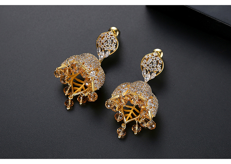 Fashion 18k Gold Copper Inlaid Zircon Tassel Pearl Pendant Bell Earrings,Earrings