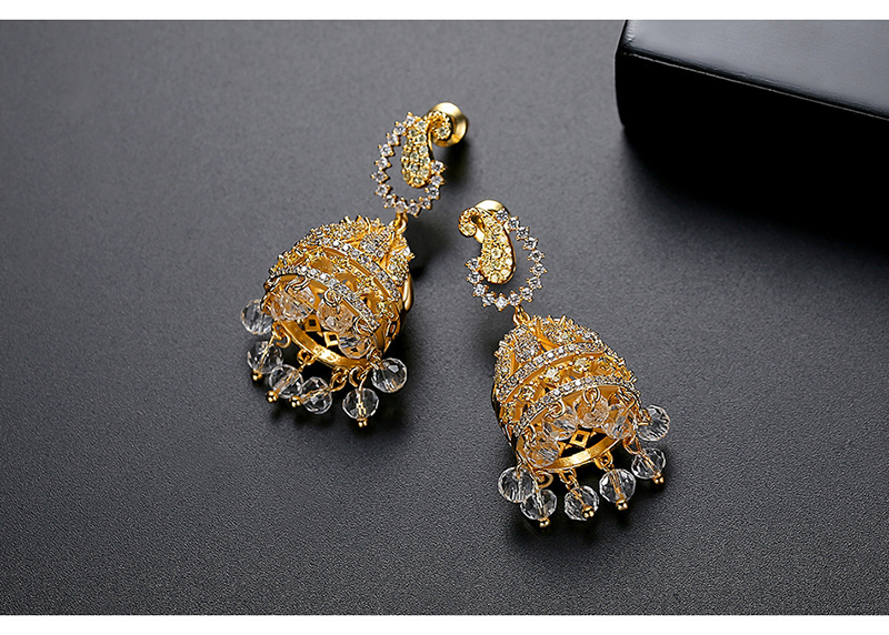 Fashion 18k Gold Copper Inlaid Zircon Hollow Tassel Pearl Pendant Earrings,Earrings