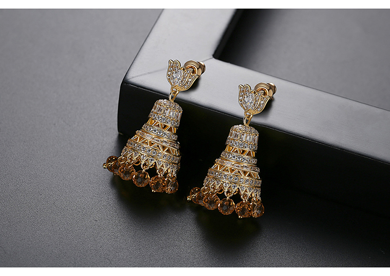 Fashion 18k Gold Copper Inlaid Zircon Flowers: Tassel Bell Earrings,Earrings