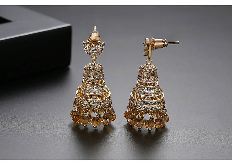 Fashion 18k Gold Copper Inlaid Zircon Flowers: Tassel Bell Earrings,Earrings
