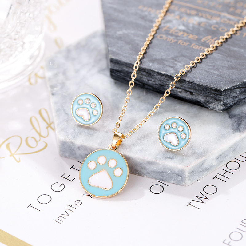Fashion Blue Alloy Dripping Oil Animal Cat Claws Necklace Ear Studs Set,Jewelry Sets