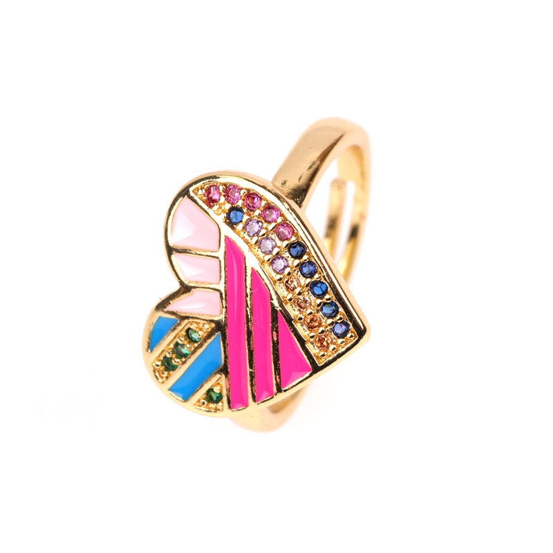 Fashion Pink Copper Plated Micro Coated Diamond Dripping Oil Love Peach Heart Opening Ring,Rings