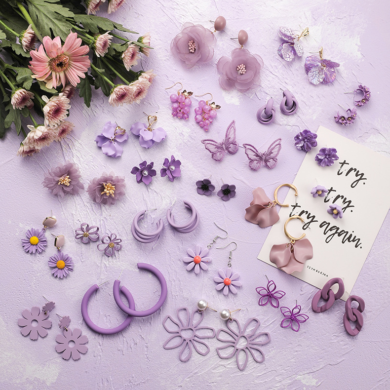 Fashion Love Crack Petals Purple  Silver Needle Flower Earrings,Drop Earrings