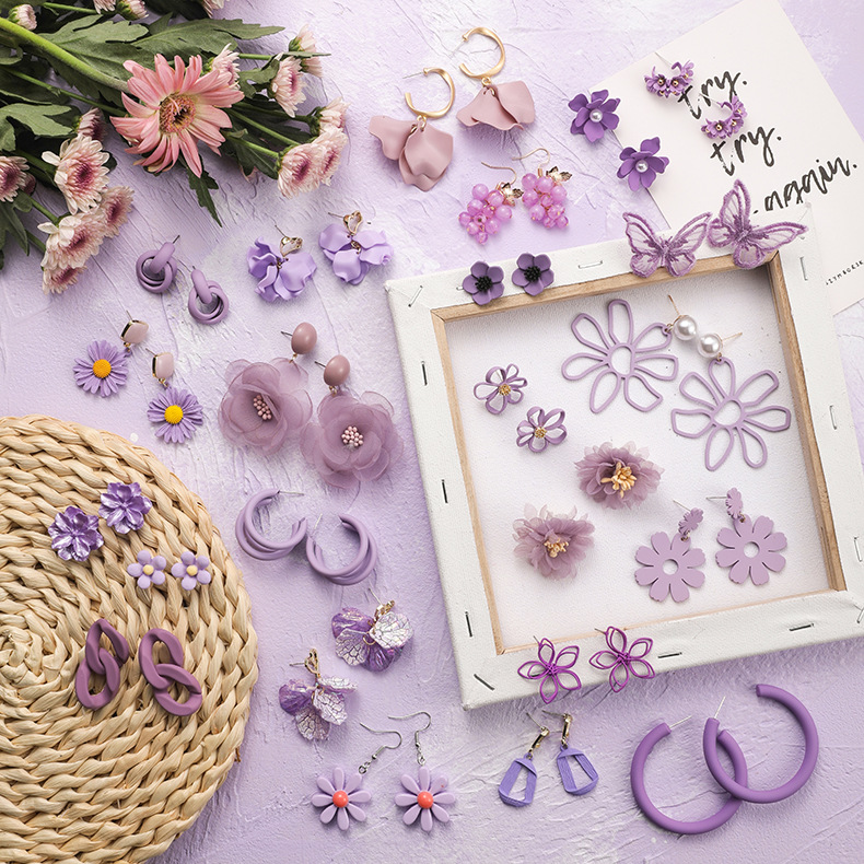 Fashion Gauze Flower Pink Purple  Silver Needle Flower Earrings,Stud Earrings