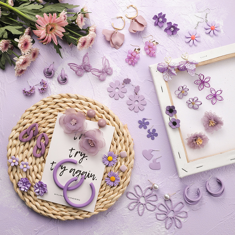 Fashion Daisy Purple  Silver Needle Flower Earrings,Stud Earrings