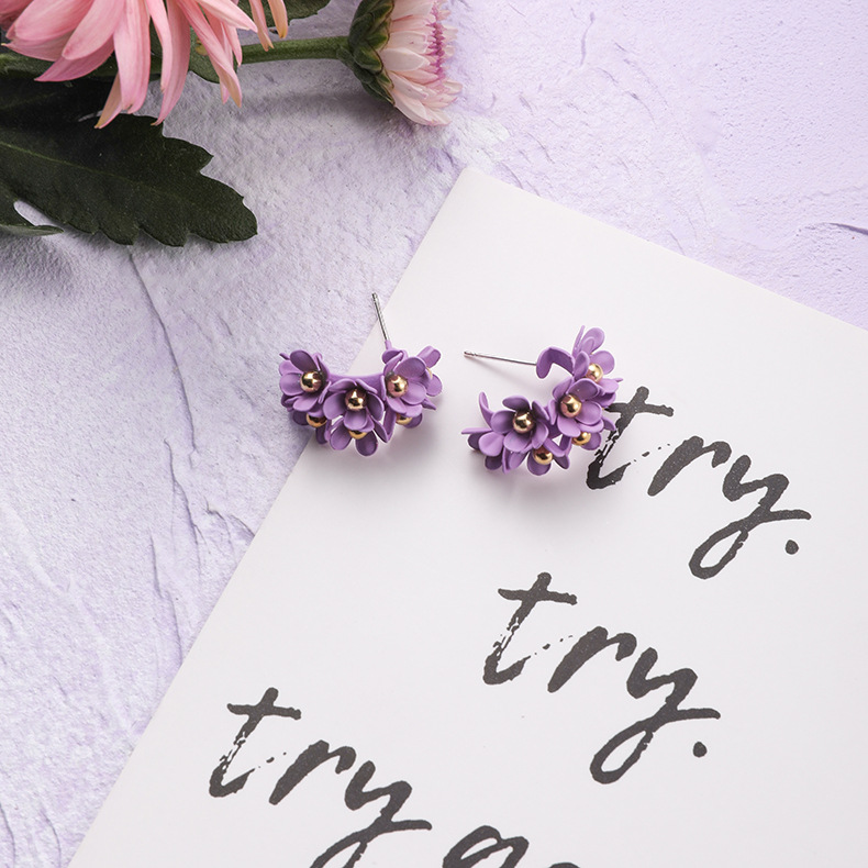 Fashion Five Petal Flowers Purple  Silver Needle Flower Earrings,Stud Earrings