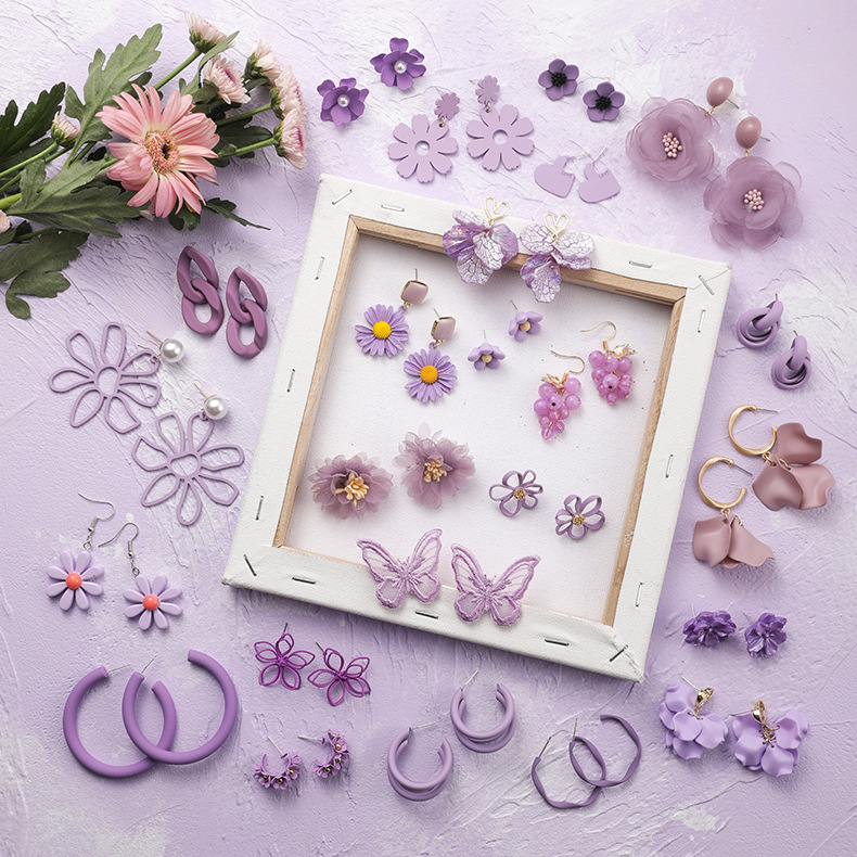 Fashion Net Flowers: Leather Purple  Silver Needle Flower Earrings,Drop Earrings