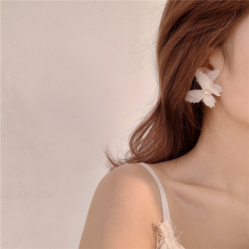Fashion White  Silver Needle Pearl Chiffon Butterfly Earrings,Stud Earrings